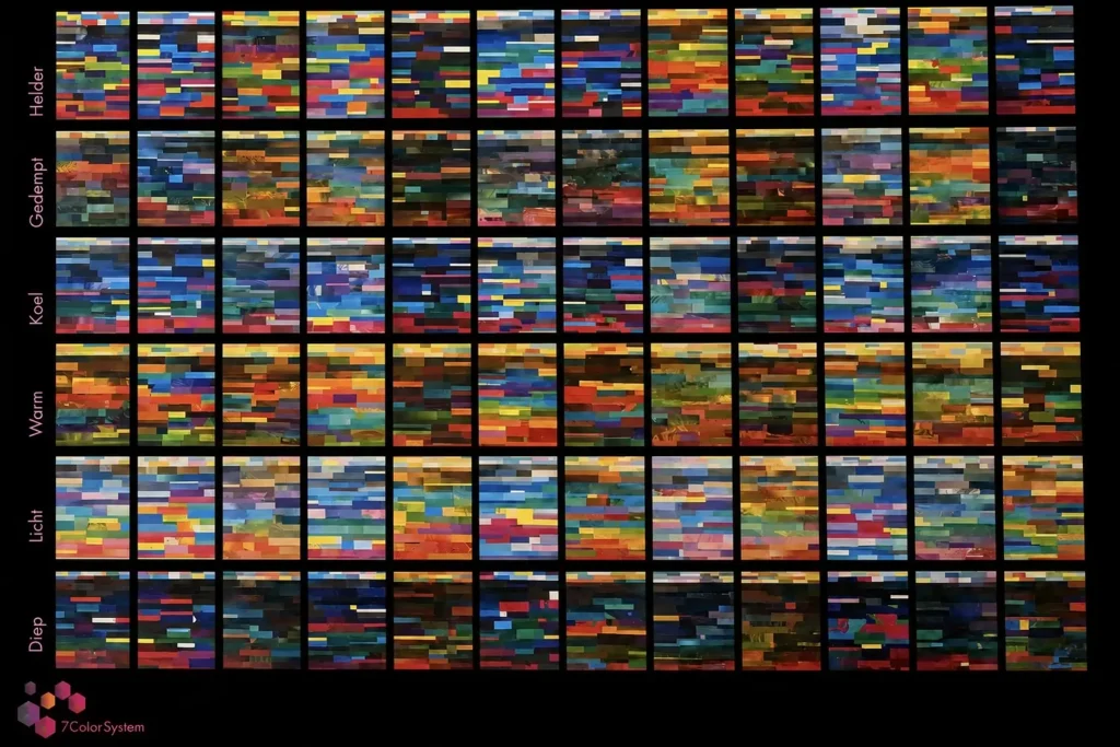 Horizontaal overzicht van de zes kleurkenmerken binnen het 78Color System