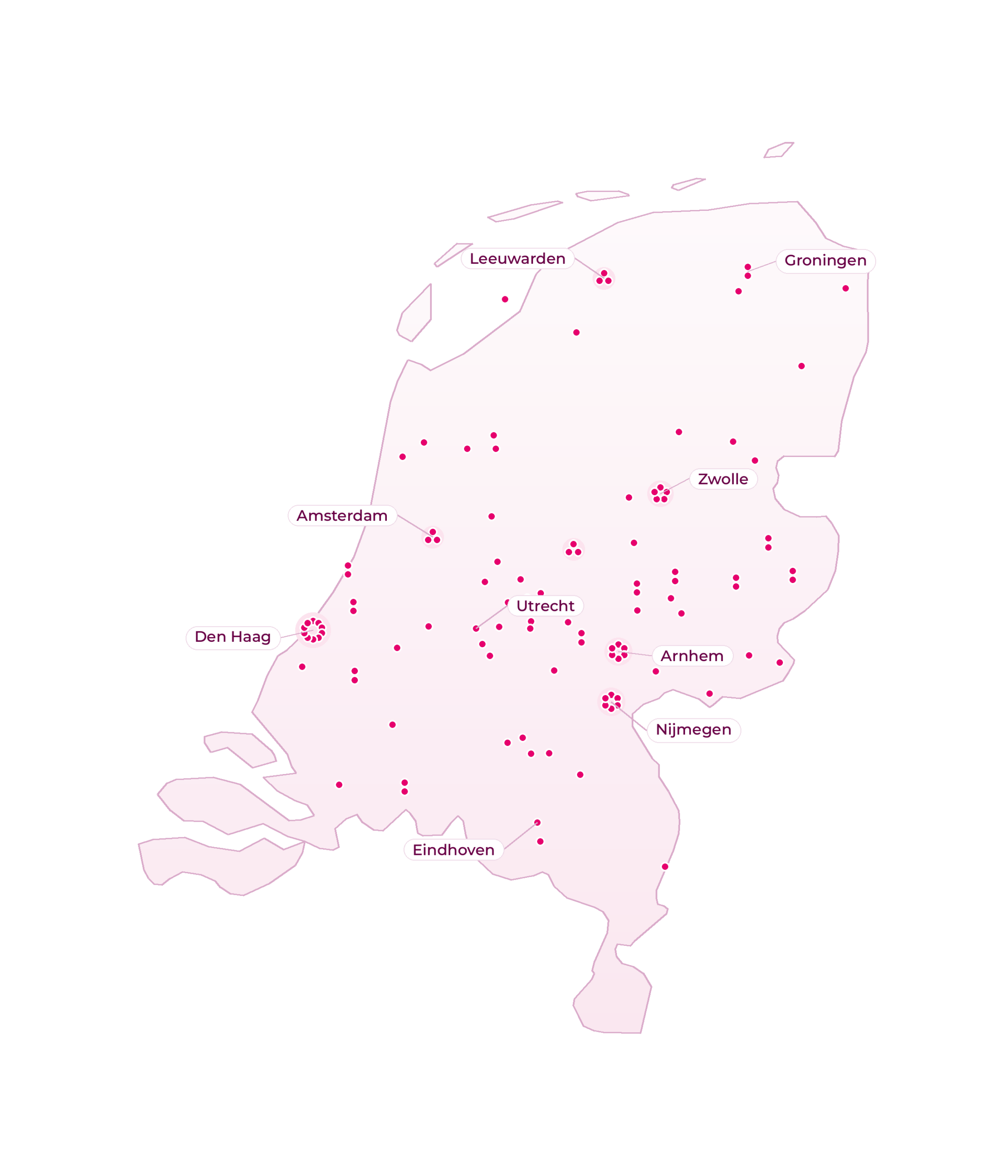 Kaart van Nederland met locaties van actieve RSO-consulenten